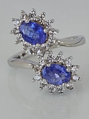 Genuine Tanzanite & Ziron Bypass Ring Halo Design Size 7